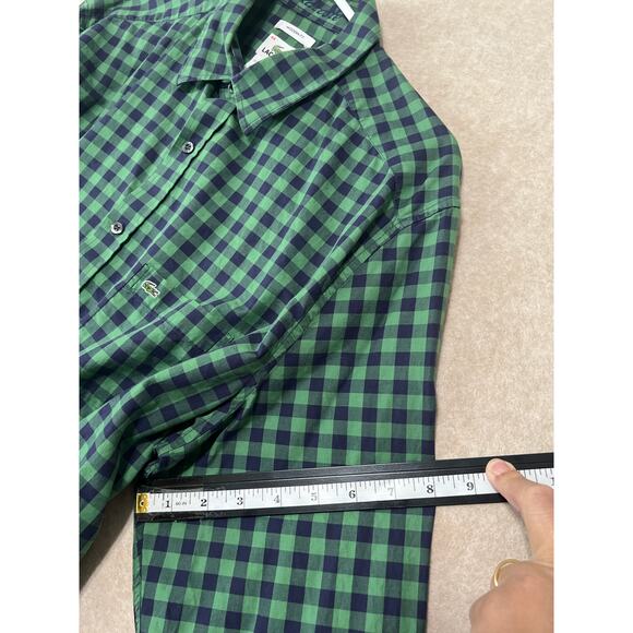 Lacoste Mens 44 Large Modern Fit Green & Navy Gingham Plaid Button Up L/S Shirt - Picture 7 of 11